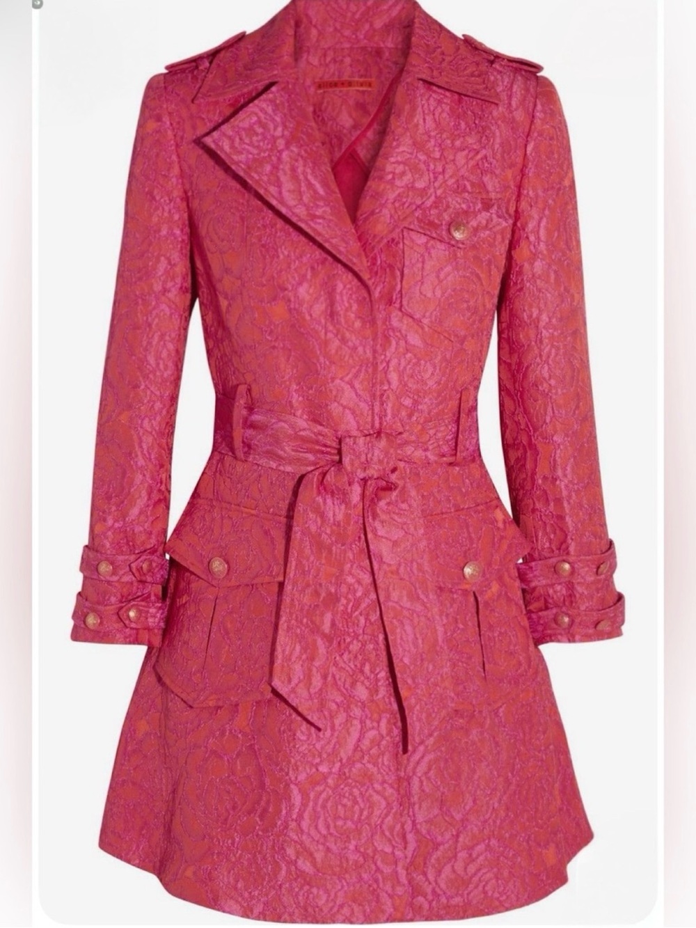 RARE Alice + Olivia Jacquard Trench Coat Belted Brocade NWOT Pink Metallic Rose - Picture 4 of 11